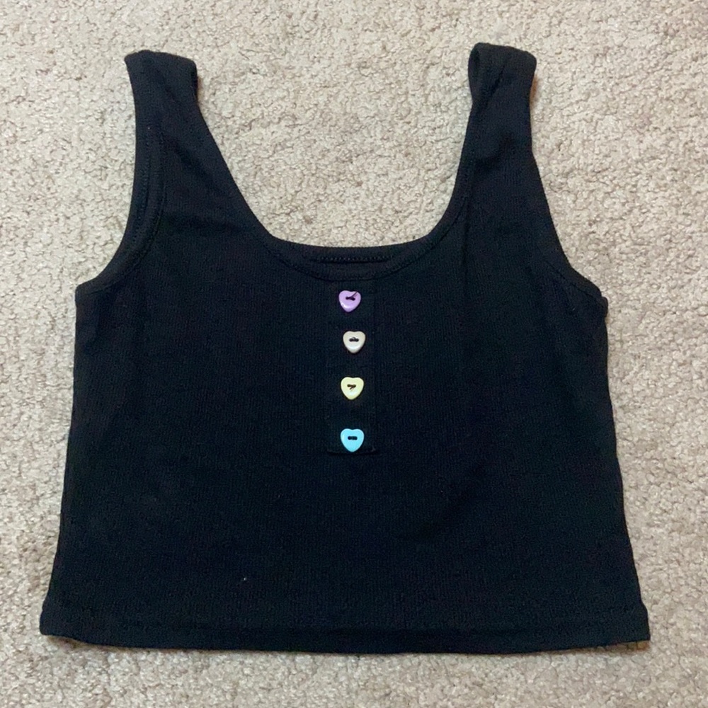 Black cropped top with rainbow heart buttons size M